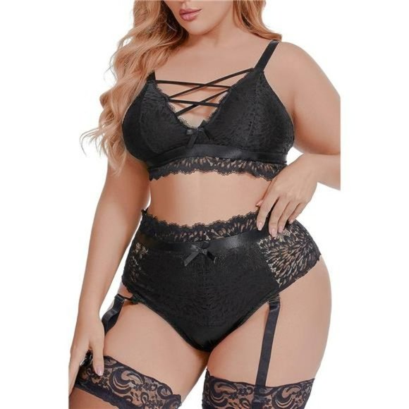 Sexy Women's Plus Size Black Floral Lace Lingerie  High Waisted Suspender Set - Picture 2 of 7